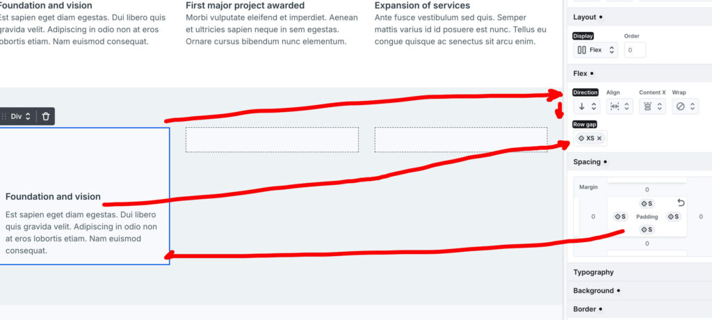 Card Div settings — Flex direction column, padding tied to the S variable.