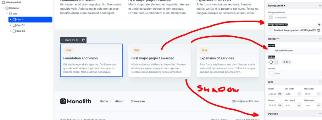 Gradient, 1px variable border, and box shadow — three layers of polish tied to the design system.