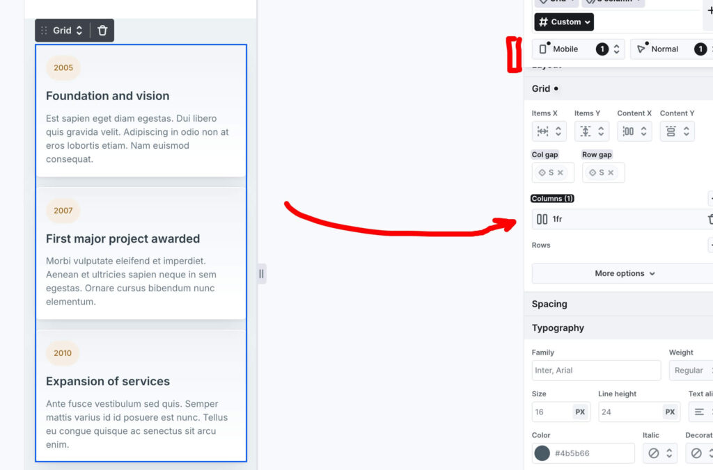 Single column mobile override — 1fr, cards stacked vertically, spacing handled by variables.