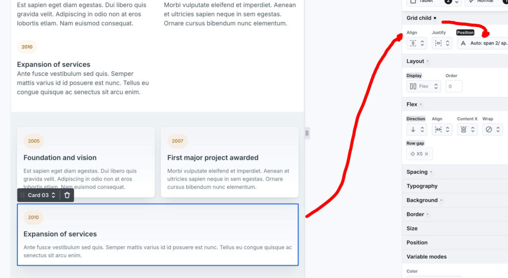 Setting Col Span: 2 on the third card so it fills both columns.