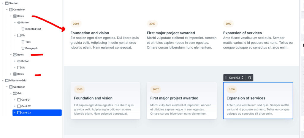 The official Rows structure (top) vs the Grid approach (bottom) — same visual result, different architecture.